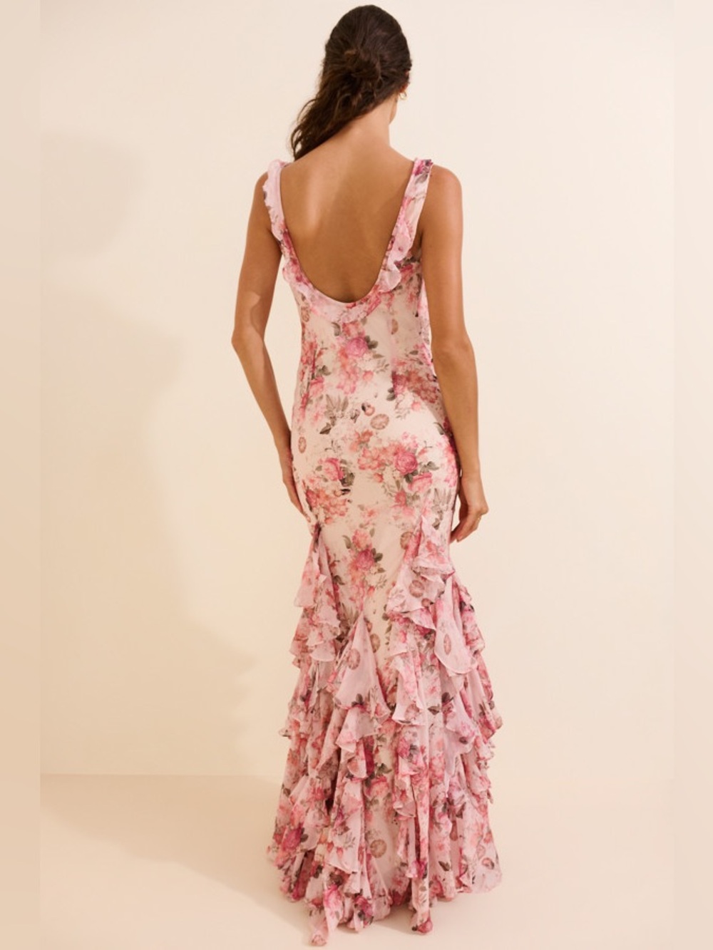 Anthropologie BHLDN Chiffon Scoop Cowl Maxi Dress Gown Floral Pink Blush Ruffle - Picture 2 of 4